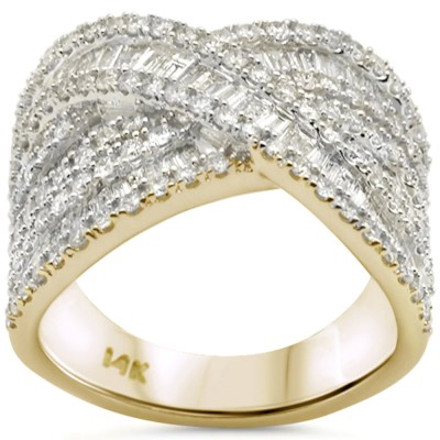 1.79ct G SI 14K Yellow Gold Criss Cross Round & Baguette Diamond Ring Band Size 6.5