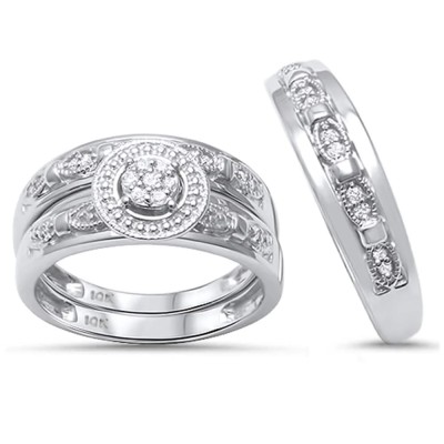 .17ct 10K White Gold Round Diamond Trio Engagement Men's & Womens Bridal Ring Set