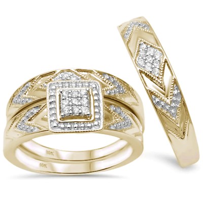 .17ct 10K Yellow Gold Round Diamond Trio Men's & Women Bridal Engagement Ring Set