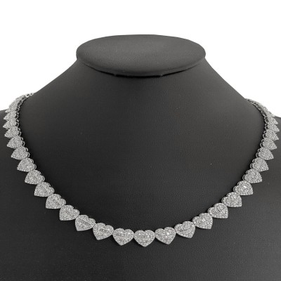 11.67ct G SI 14K White Gold Diamond Round & Baguette Heart Tennis Necklace 20" Long