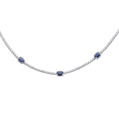6.22ct G SI 14K White Gold Diamond & Oval Blue Sapphire Gemstone Tennis Necklace 18"