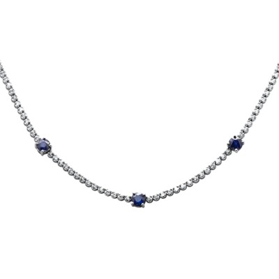 5.09ct G SI 14K White Gold Round Blue Sapphire Gemstone & Diamonds Tennis Necklace 18"