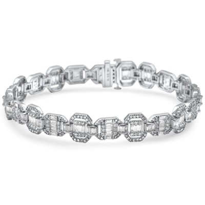 5.15ct G SI 14K White Gold Diamond Round & Baguette Iced Out Tennis Bracelet 8.5" Long