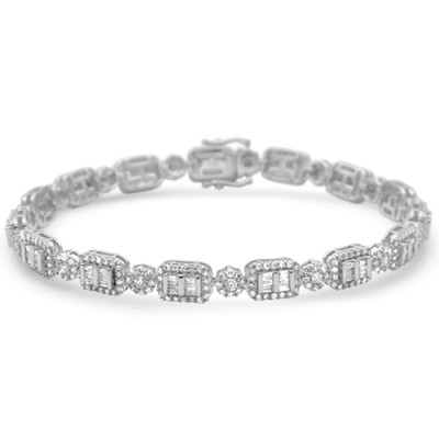 4.75ct G SI 14K White Gold Diamond Round & Baguette Iced Out Tennis Bracelet 8" Long