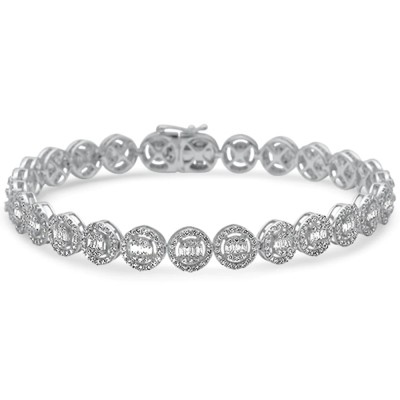 3.65ct G SI 14K White Gold Diamond Round & Baguette Tennis Bracelet 8" Long