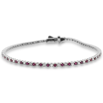 2.27ct G SI 14K White Gold Ruby Gemstone & Diamond Tennis Bracelet 7" Long