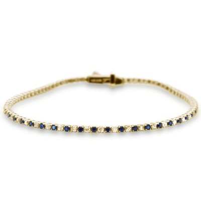2.22ct G SI 14K Yellow Gold Blue Sapphire & Diamond Tennis Bracelet 7" Long