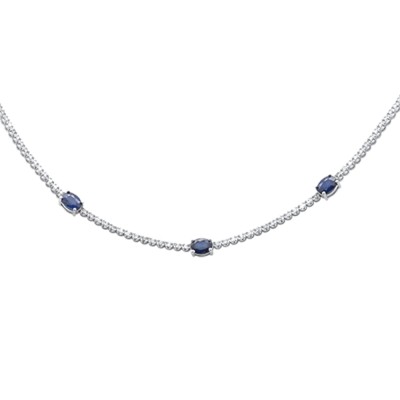 6.22ct G SI 14K White Gold Diamond & Oval Blue Sapphire Gemstone Tennis Necklace 18"