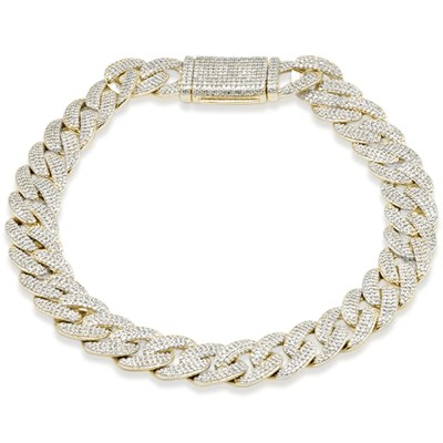 9MM 3.37ct G SI 14K Yellow Gold Diamond Micro Pave Iced Out Round Cuban Link Bracelet 8"