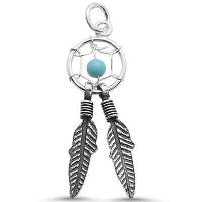 Turquoise Dream Catcher & Feather .925 Sterling Silver Pendant