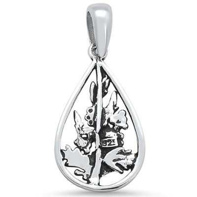 Plain Pear Shape With Flowers & Leaves .925 Sterling Silver Pendant