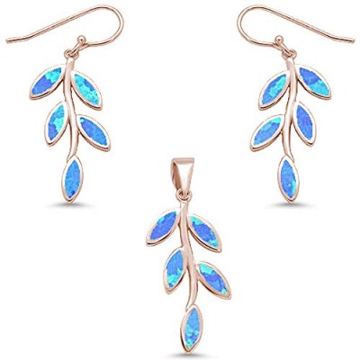 Blue Opal Rose Gold Leaf Design Dangling Earring & Pendant .925 Sterling Silver Set