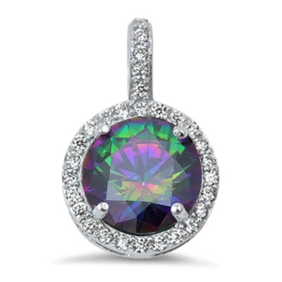 Halo Rainbow Topaz & Cz .925 Sterling Silver Pendant