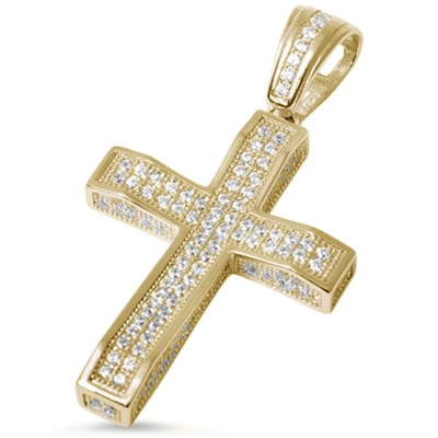 Yellow Gold Plated Micro Pave Cubic Zirconia Cross .925 Sterling Silver Pendant