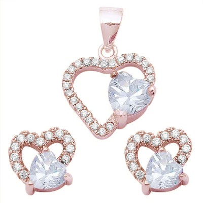 Rose Gold Plated White CZ Heart .925 Sterling Silver Earring & Pendant Jewelry Set