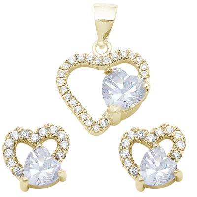 Yellow Plated Cubic Zirconia Heart .925 Sterling Silver Pendant & Earrings Set