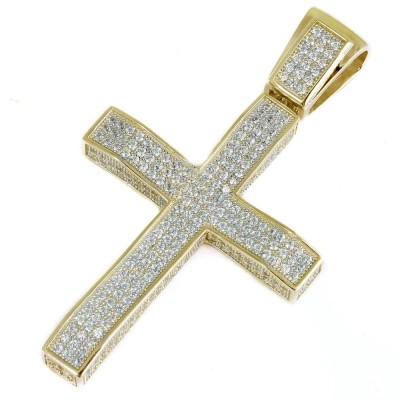 Yellow Gold Plated Heavy Hiphop Cross .925 Sterling Silver Charm Pendant