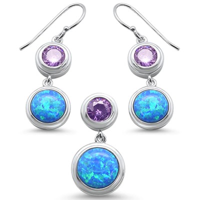 Round Opal Amethyst Cubic Zirconia .925 Sterling Silver Earrings & Pendant Set