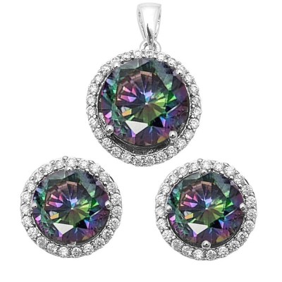 Halo Rainbow Topaz & CZ Earring & Pendant .925 Sterling Silver Set
