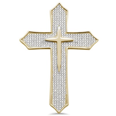 3" Yellow Gold Plated Micro Pave Cubic Zirconia Cross .925 Sterling Silver Pendant