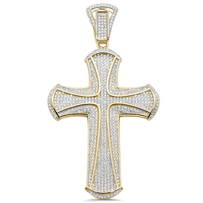 3" Yellow Gold Plated Micro Pave Cubic Zirconia Cross .925 Sterling Silver Pendant