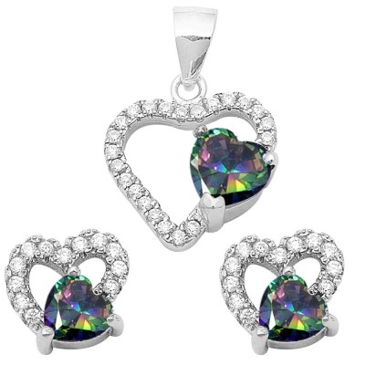 Rainbow Topaz & Cz Heart Earring & Pendant .925 Sterling Silver Set