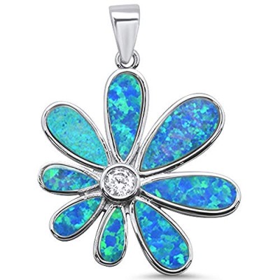 Blue Opal Flower .925 Sterling Silver Charm Pendant