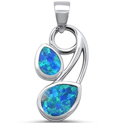 Lab Created Blue Opal Pear .925 Sterling Silver Charm Pendant