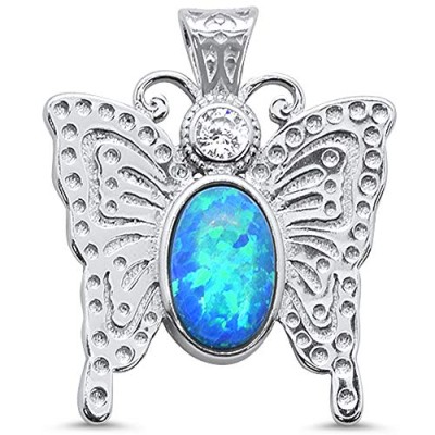 Lab Created Blue Opal Butterfly .925 Sterling Silver Charm Pendant