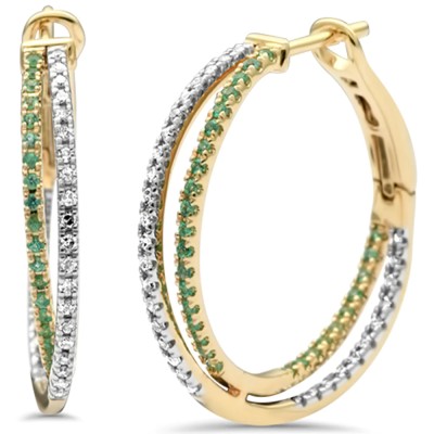 .34ct G SI 14K Yellow Gold Emerald Gemstone & Diamond Hoop Earrings
