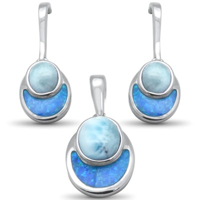 Natural Larimar & Blue Opal .925 Sterling Silver Earring & Pendant Set