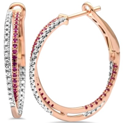 .34ct G SI 14K Rose Gold Ruby & Diamond Gemstone Hoop Earrings