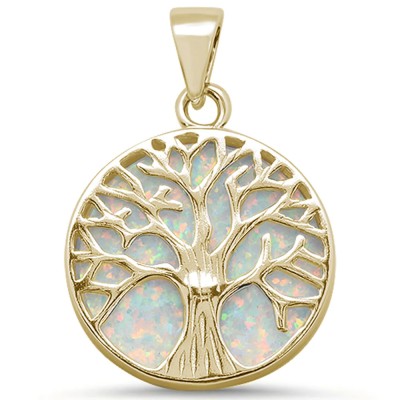 Yellow Gold Plated Round White Opal Tree Of Life Design .925 Sterling Silver Pendant