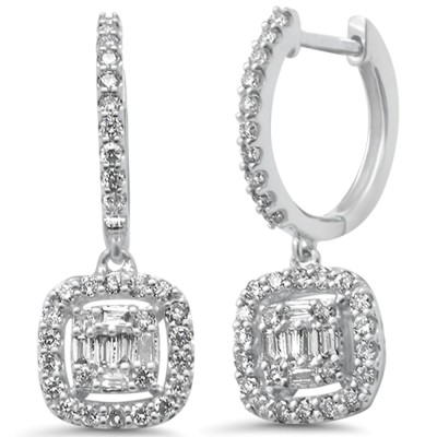 .49ct G SI 14K White Gold Diamond Cushion Shaped Drop Dangle Hoop Earrings