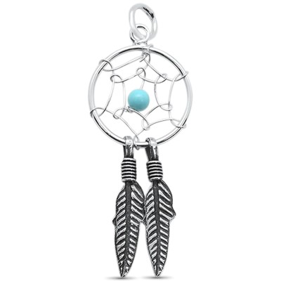 .Turquoise Dream Catcher & Feather .925 Sterling Silver Pendant