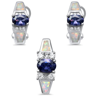 White Opal, Tanzanite, & Cz .925 Sterling Silver Pendant & Earrings Set