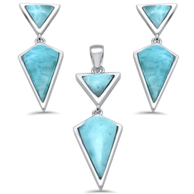 Multi-Shape Natural Larimar Dangling .925 Sterling Silver Pendant & Earrings Set