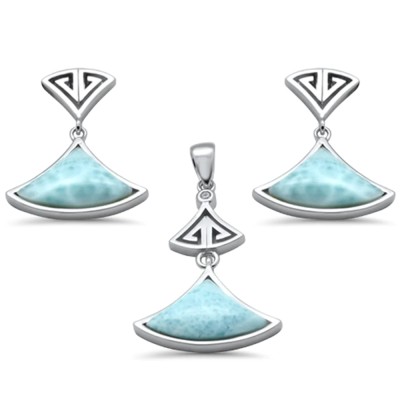 Natural Larimar & CZ Greek Design .925 Sterling Silver Pendant & Earrings Set