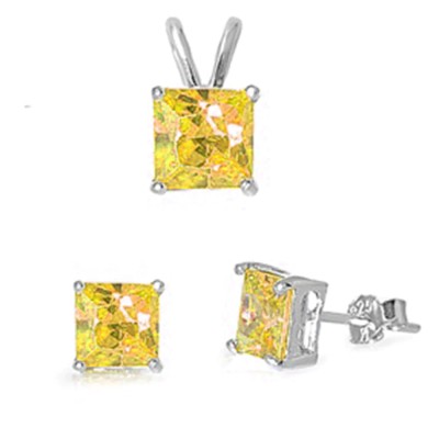 Yellow Cubic Zirconia .925 Sterling Silver Earrings And Pendant Set