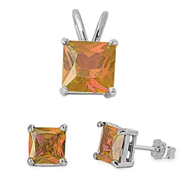 Champagne Cubic Zirconia .925 Sterling Silver Earrings And Pendant Set