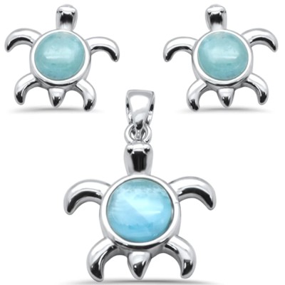 Oval Natural Larimar Turtle .925 Sterling Silver Pendant & Earring Set