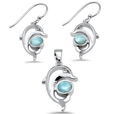 Round Natural Larimar Dolphin .925 Sterling Silver Pendant & Earring Set