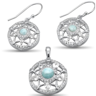 Round Shaped Star Natural Larimar & CZ .925 Sterling Silver Earring & Pendant Set