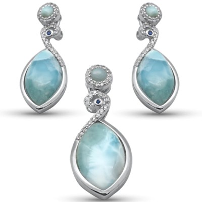 Natural Larimar, CZ & Blue Sapphire .925 Sterling Silver Earring & Pendant Set