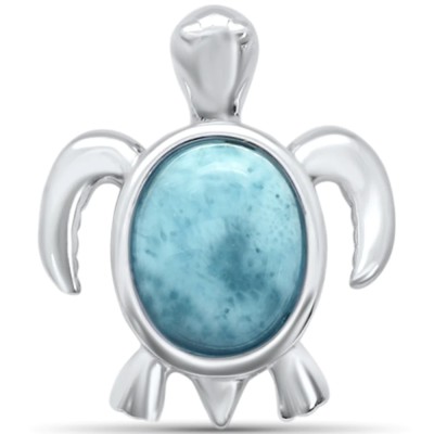 Oval Shaped Natural Larimar Turtle .925 Sterling Silver Pendant