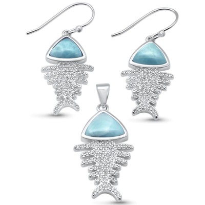 Nartural Larimar & CZ Fishbone .925 Sterling Silver Pendant & Earring Set