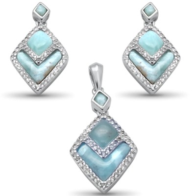 Natural Larimar & CZ .925 Sterling Silver Earring & Pendant Set