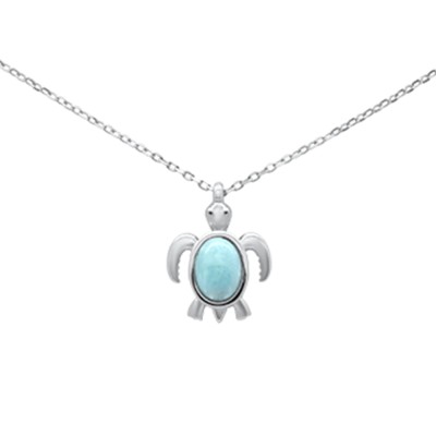 Oval Shaped Natural Larimar Turtle .925 Sterling Silver Pendant Necklace 16-18" Extension