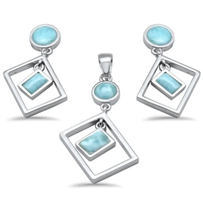 Round & Rectangle Natural Larimar Dangling .925 Sterling Silver Pendant & Earrings Set
