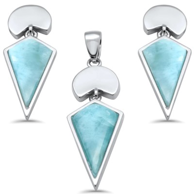 Natural Larimar Dangling .925 Sterling Silver Pendant & Earring Set